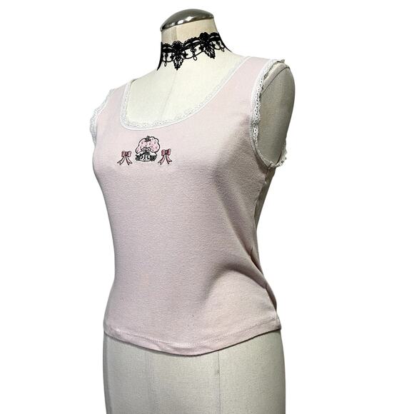 Cute Strawberry Shortcake Pink Lace Ribbed Tank Top Cottage Core Coquette Sz L - Picture 3 of 10
